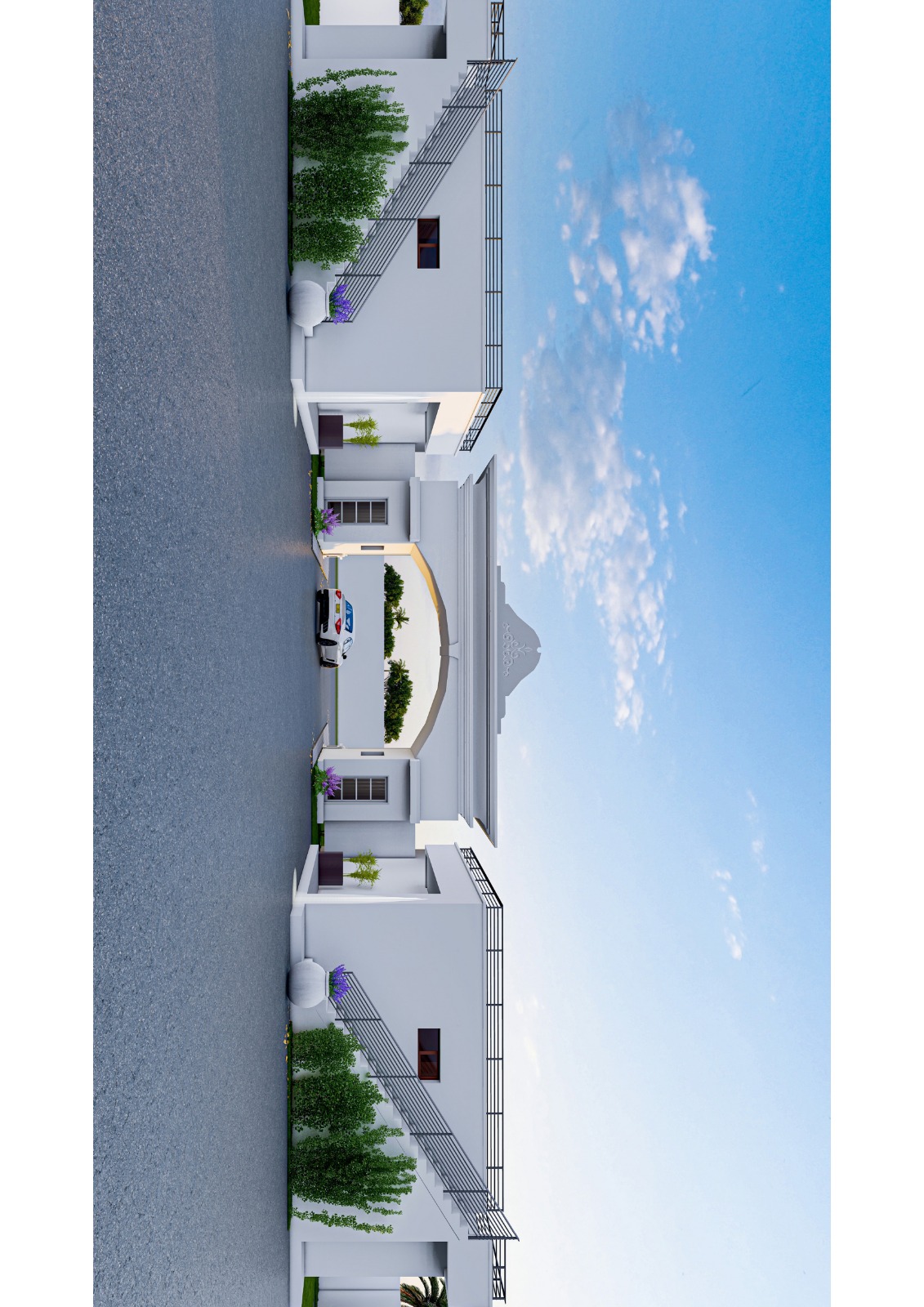 Façade panoramique complète de la Résidence Splendide — mur d'enceinte, escaliers symétriques