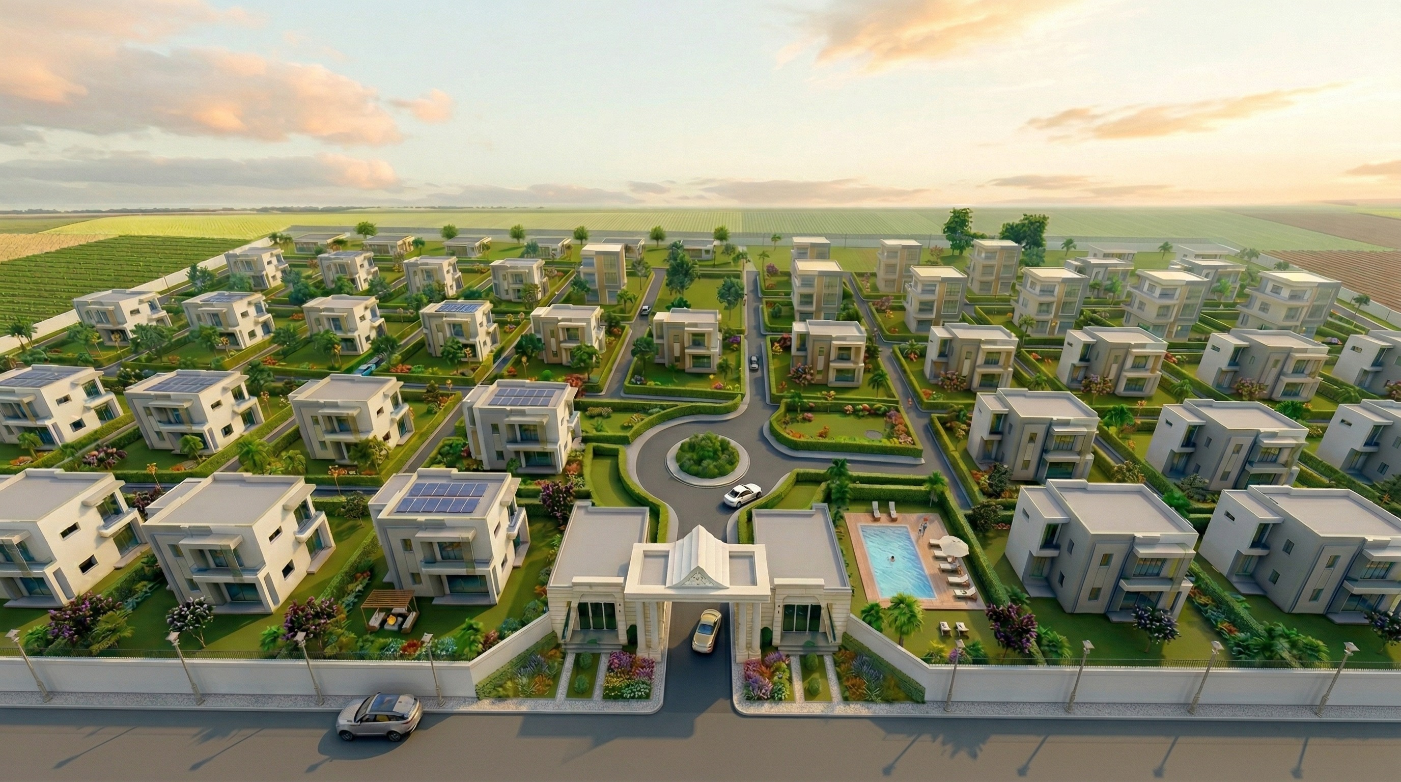 Vue aérienne du lotissement Splendide Résidence — allées paysagées, rond-point central, piscine commune