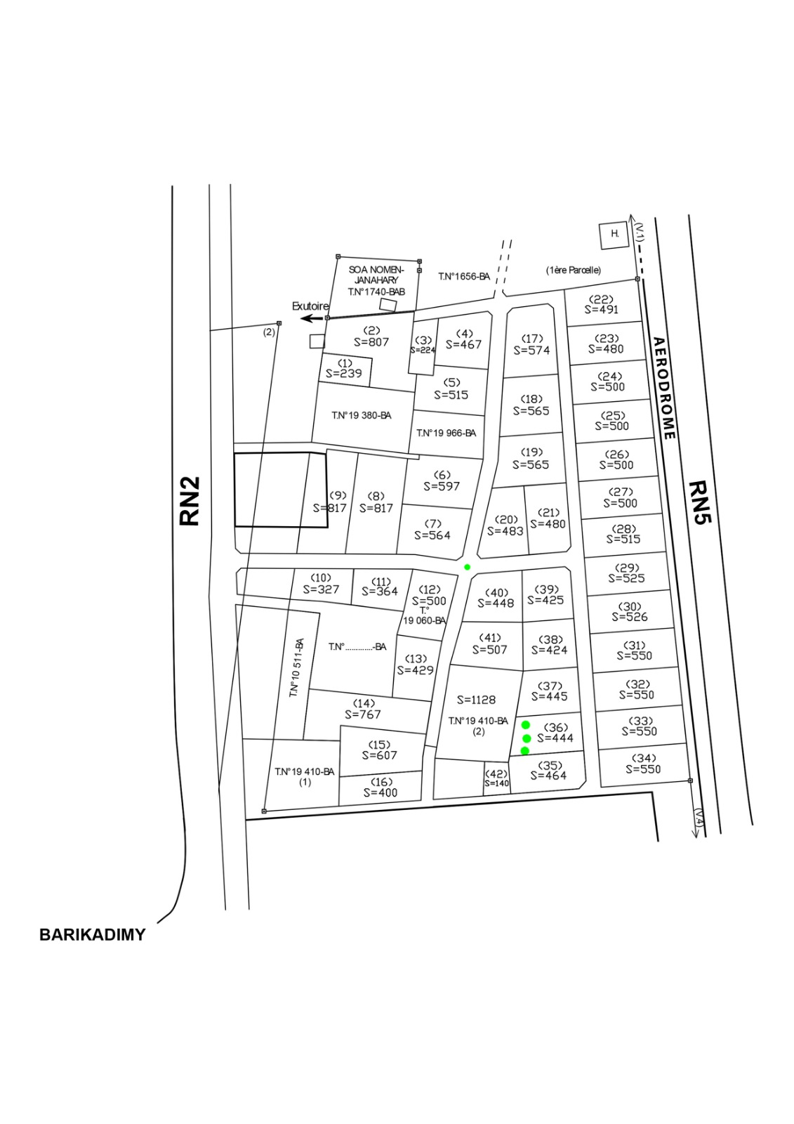 Plan de masse officiel — 42 parcelles numérotées, Barikadimy Toamasina, RN2 et RN5